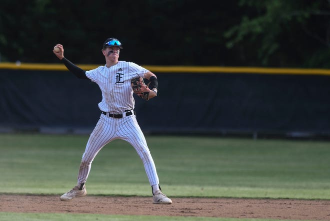 Evans' Marc Owen Chancey (1) throws to first during the first game of the Evans and Alcovy 6A double header playoff at Evans High School on Thursday, April 25, 2024. Evans won the first game 10-6.